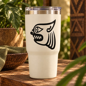 Aztec cat decal with bold black cat face graphic on white tumbler