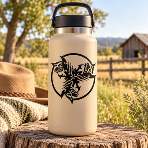Beige insulated water bottle with black interlocking goat head circle decal