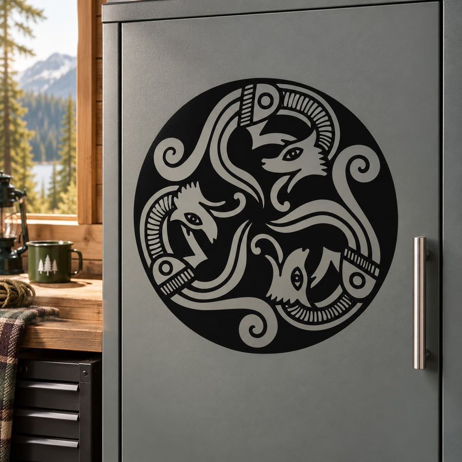Circle wolf interlocking decal, black and white stylized animal graphic