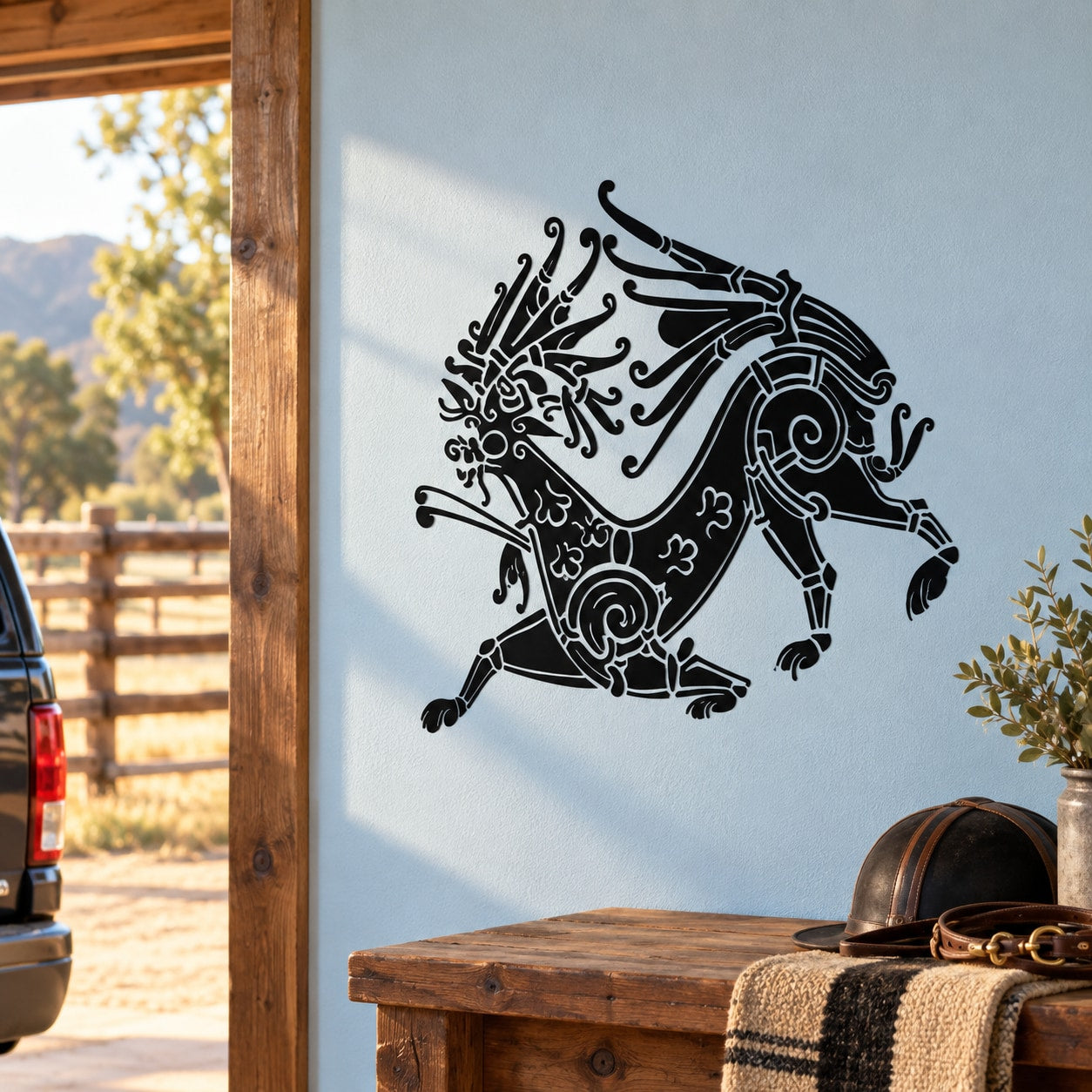Black capricorn wall decal with abstract Greek-style line art