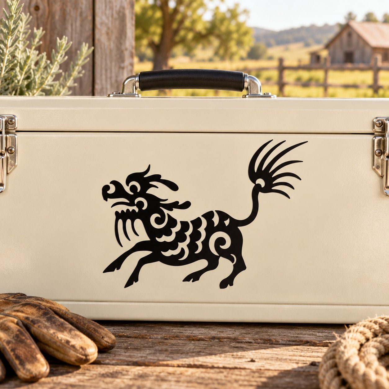 Black decorative Chinese-style goat decal with flowing mane and curled tail