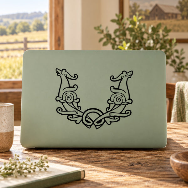 Decorative horned animal decal with two line-art animals and floral scrolls