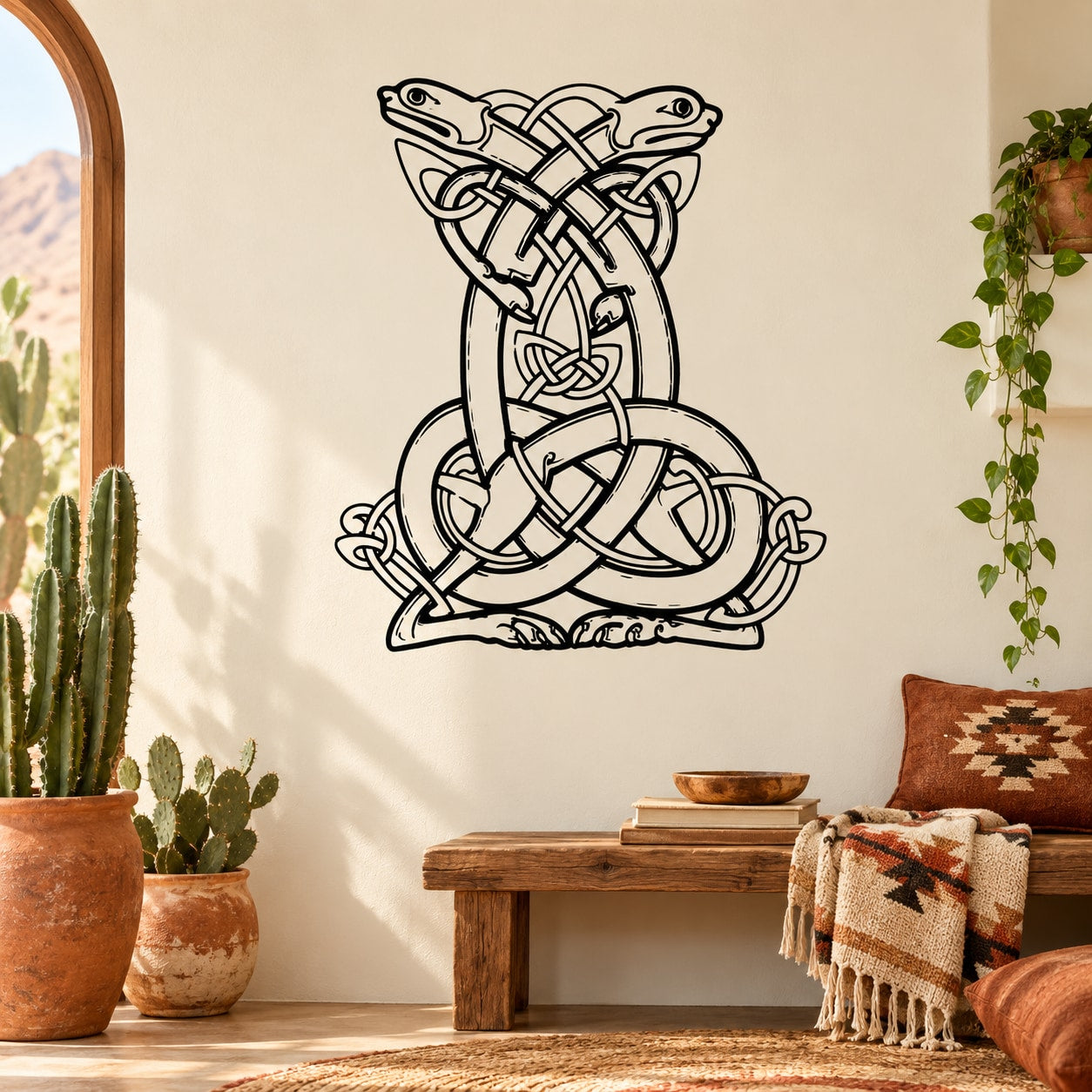 Aztec abstract snake wall decal, black and white line art with knotwork