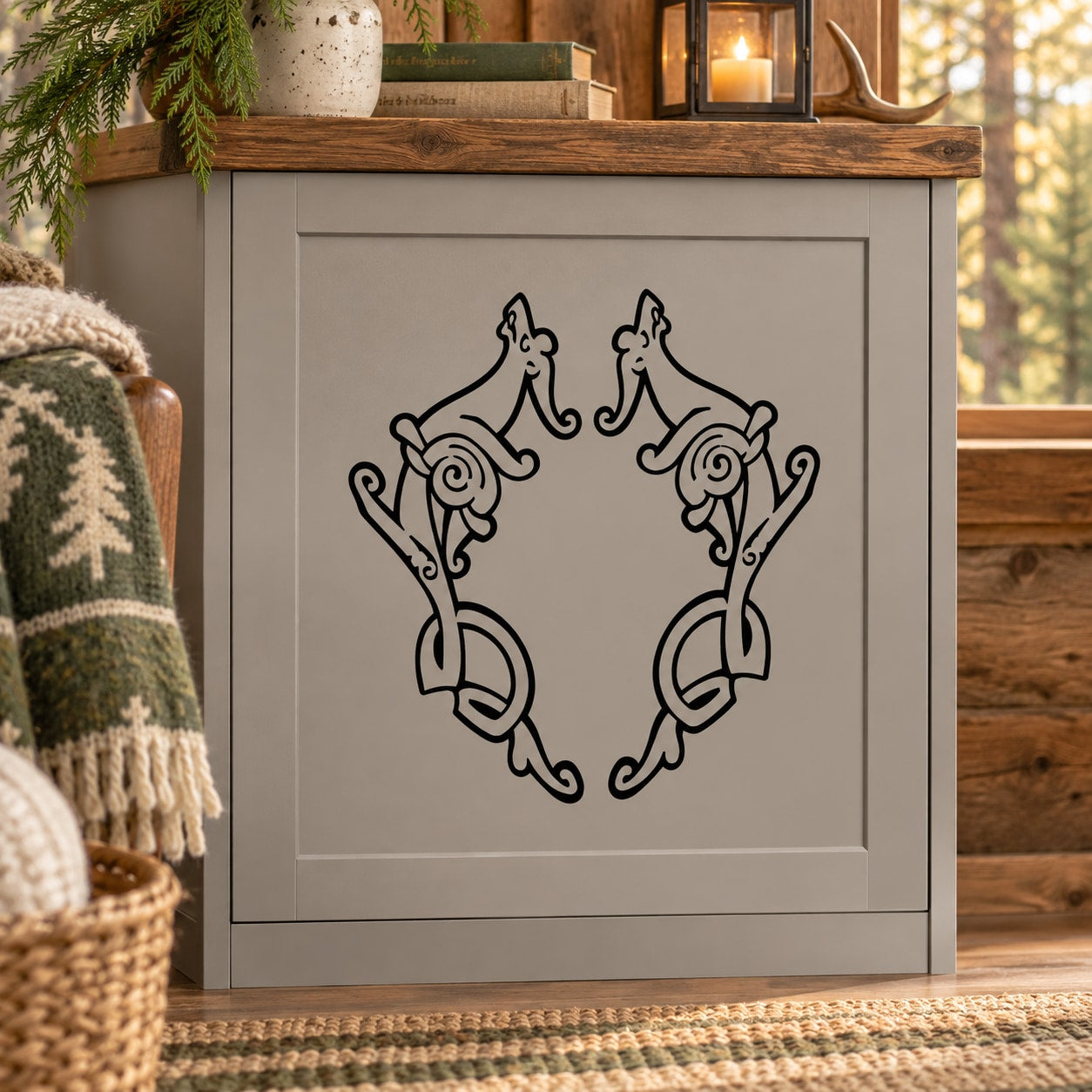 Abstract deer decal wreath with mirrored line-art figures, black outline