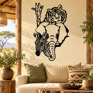 Black animal wall decal featuring giraffe, tiger, zebra, and elephant silhouettes