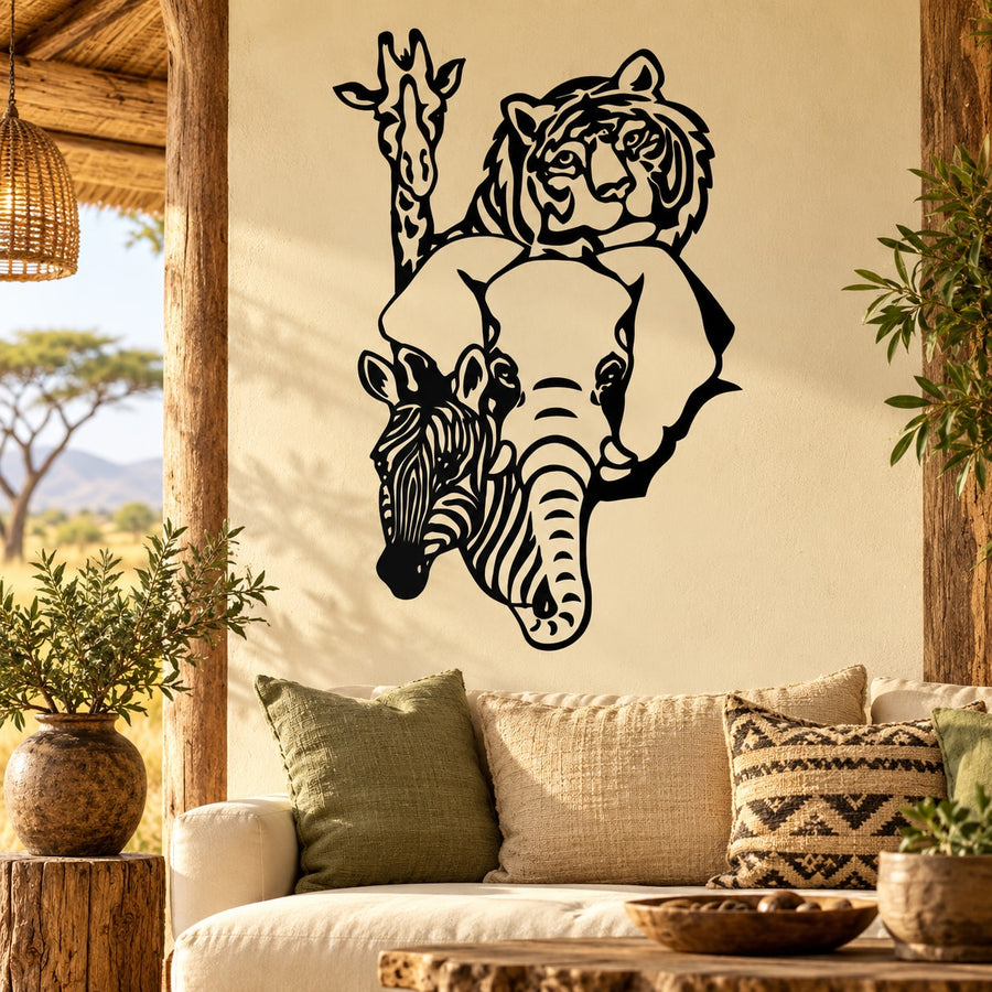 Black animal wall decal featuring giraffe, tiger, zebra, and elephant silhouettes