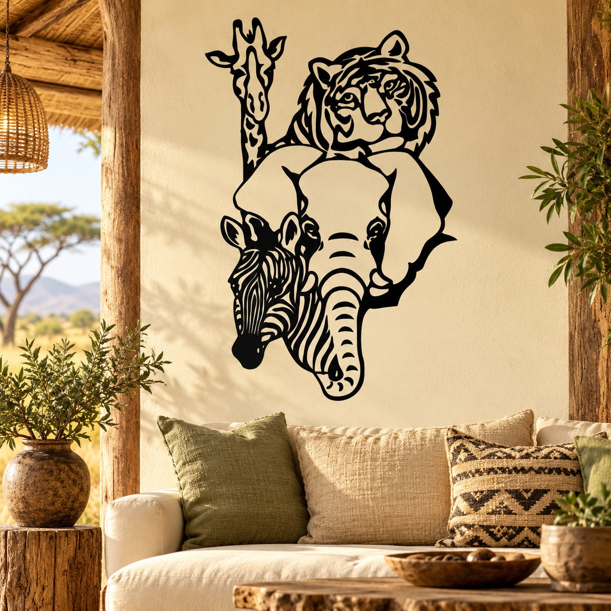 Black animal wall decal featuring giraffe, tiger, zebra, and elephant silhouettes