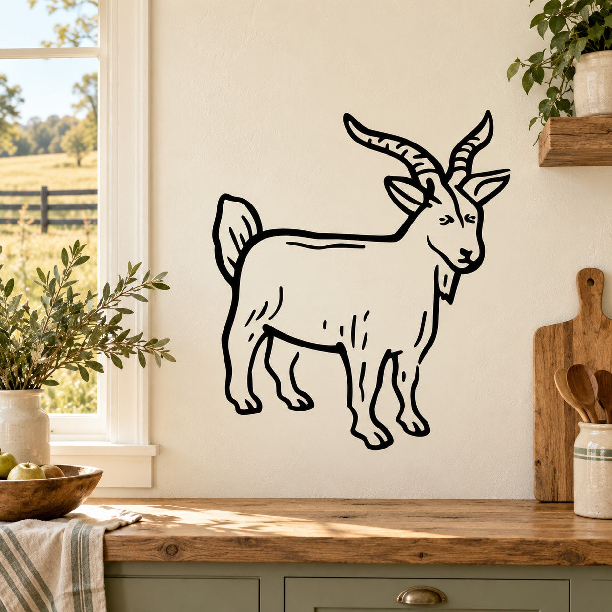 Billy goat wall decal with black outline, standing on all fours