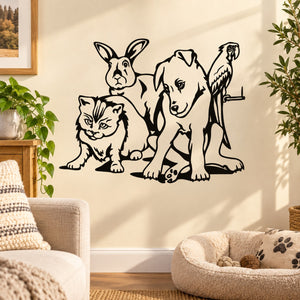 Black animal silhouette wall decal: cat, dog, rabbit, and parrot