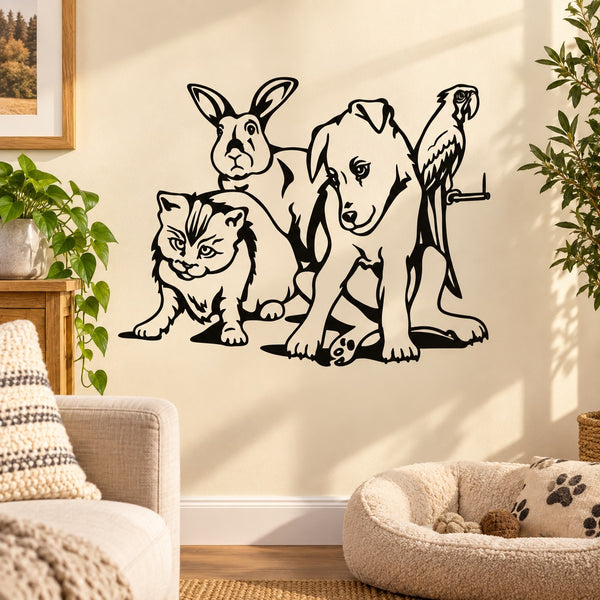 Black animal silhouette wall decal: cat, dog, rabbit, and parrot