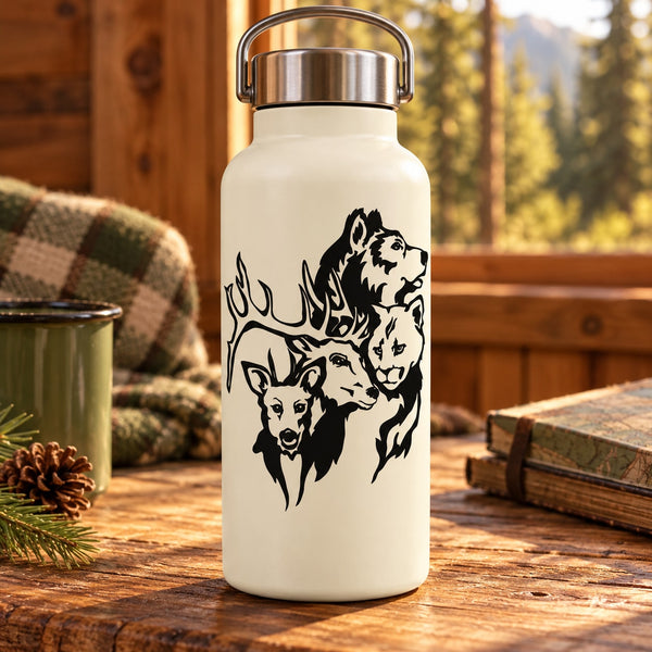 White insulated bottle with black mountain animal decal (lion, wolf, stag)