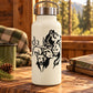 White insulated bottle with black mountain animal decal (lion, wolf, stag)