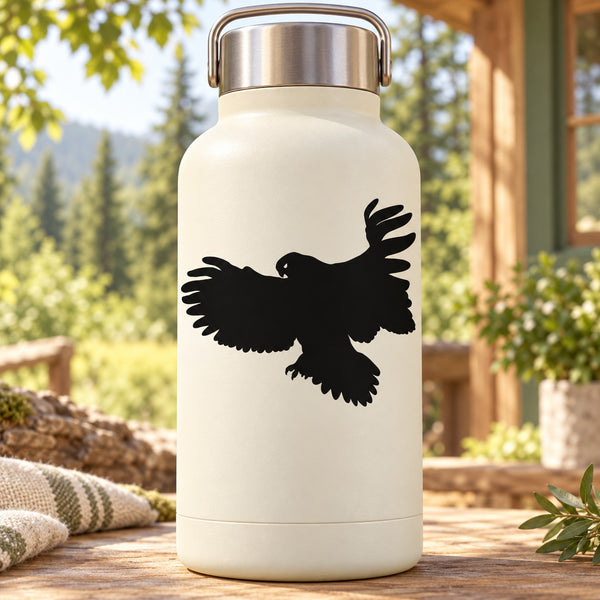 Black falcon winged decal silhouette on white surface