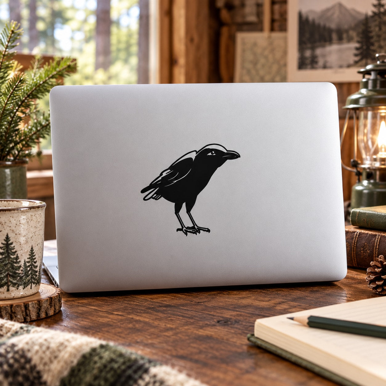 Standing crow raven decal with black bird silhouette on a light surface