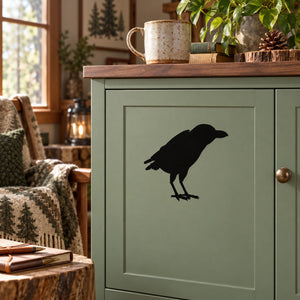 Black crow raven silhouette wall decal on cabinet door