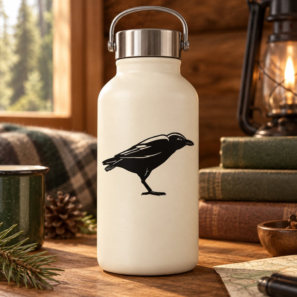 White bottle with black crow decal graphic