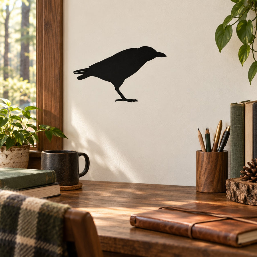 Hunched crow silhouette wall decal, black bird shape
