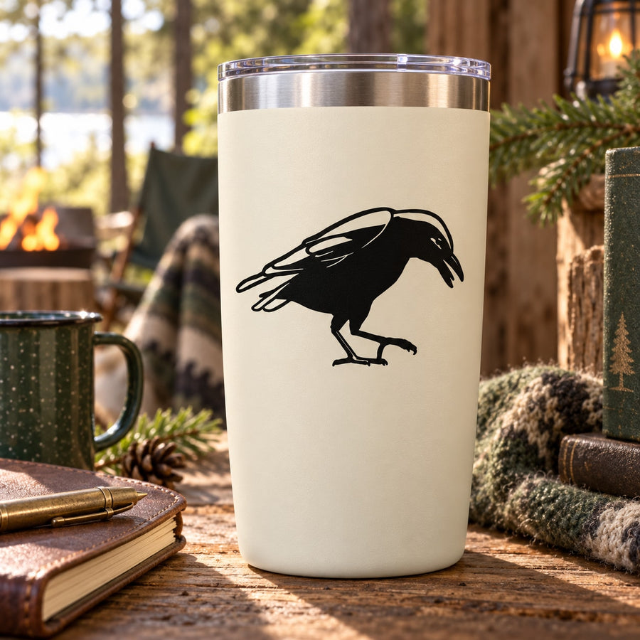 Crow decal featuring black bird on white tumbler