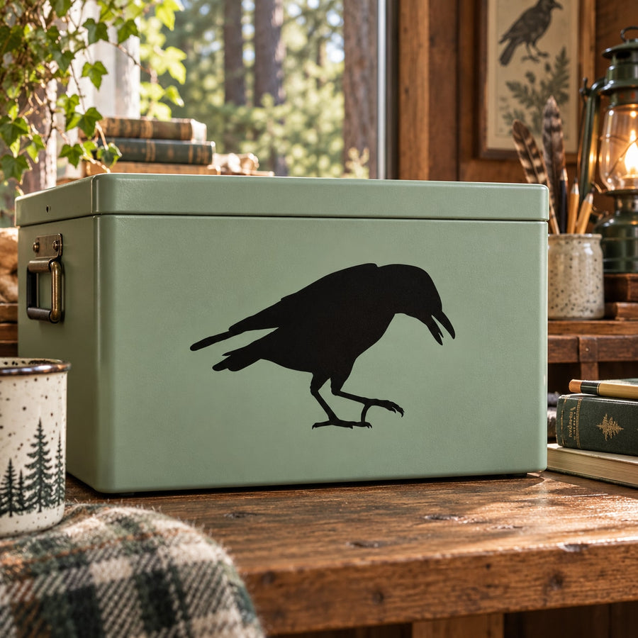 Black crow silhouette decal with wings out, set on light green box