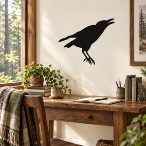 Black crow silhouette wall decal with detailed beak and wings