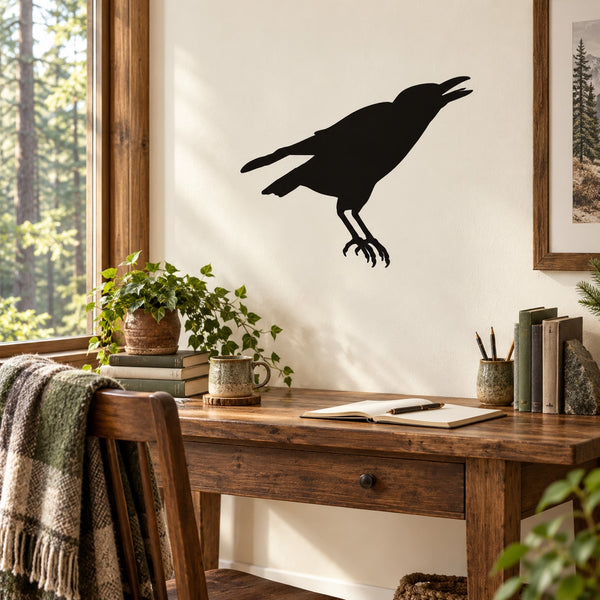 Black crow silhouette wall decal with detailed beak and wings