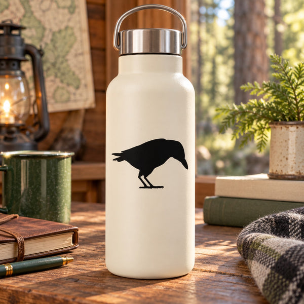 White water bottle with black crow silhouette decal and stainless steel lid
