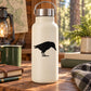 White water bottle with black crow silhouette decal and stainless steel lid