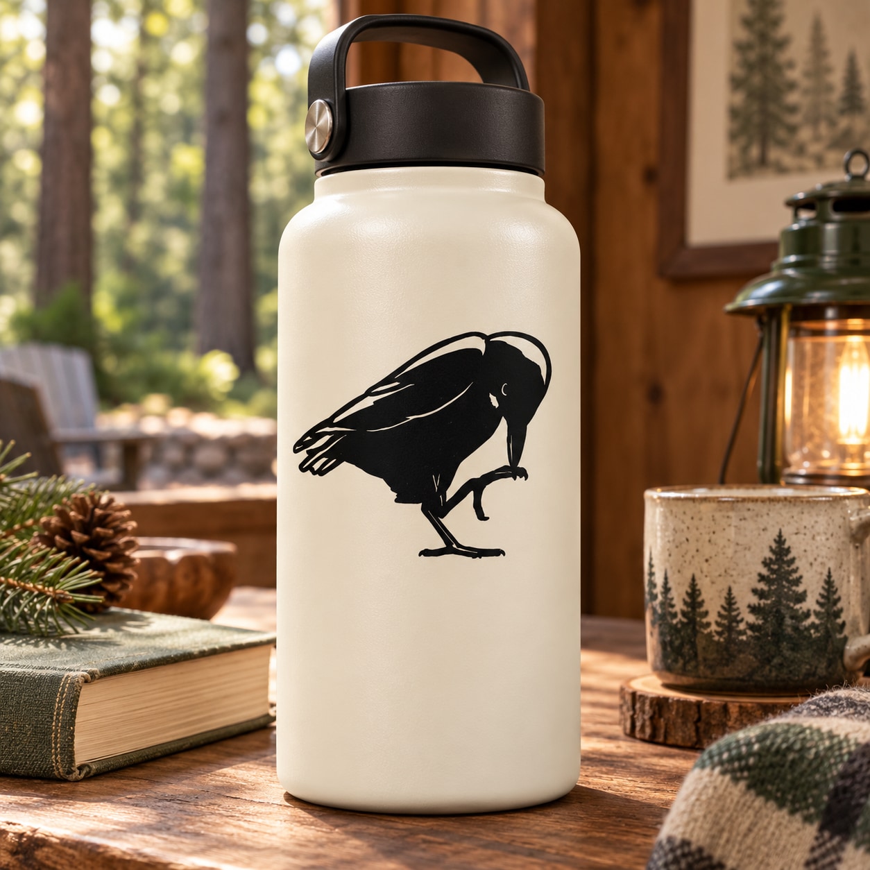 Crow silhouette grooming decal on white reusable water bottle