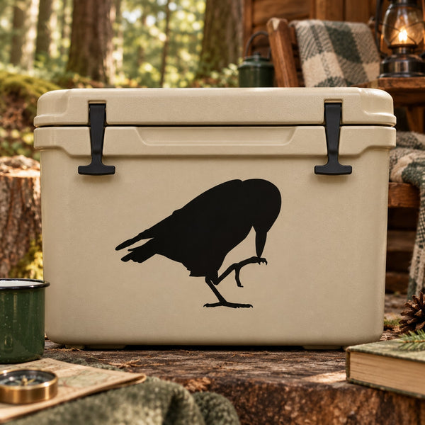 Black crow silhouette decal on cream cooler