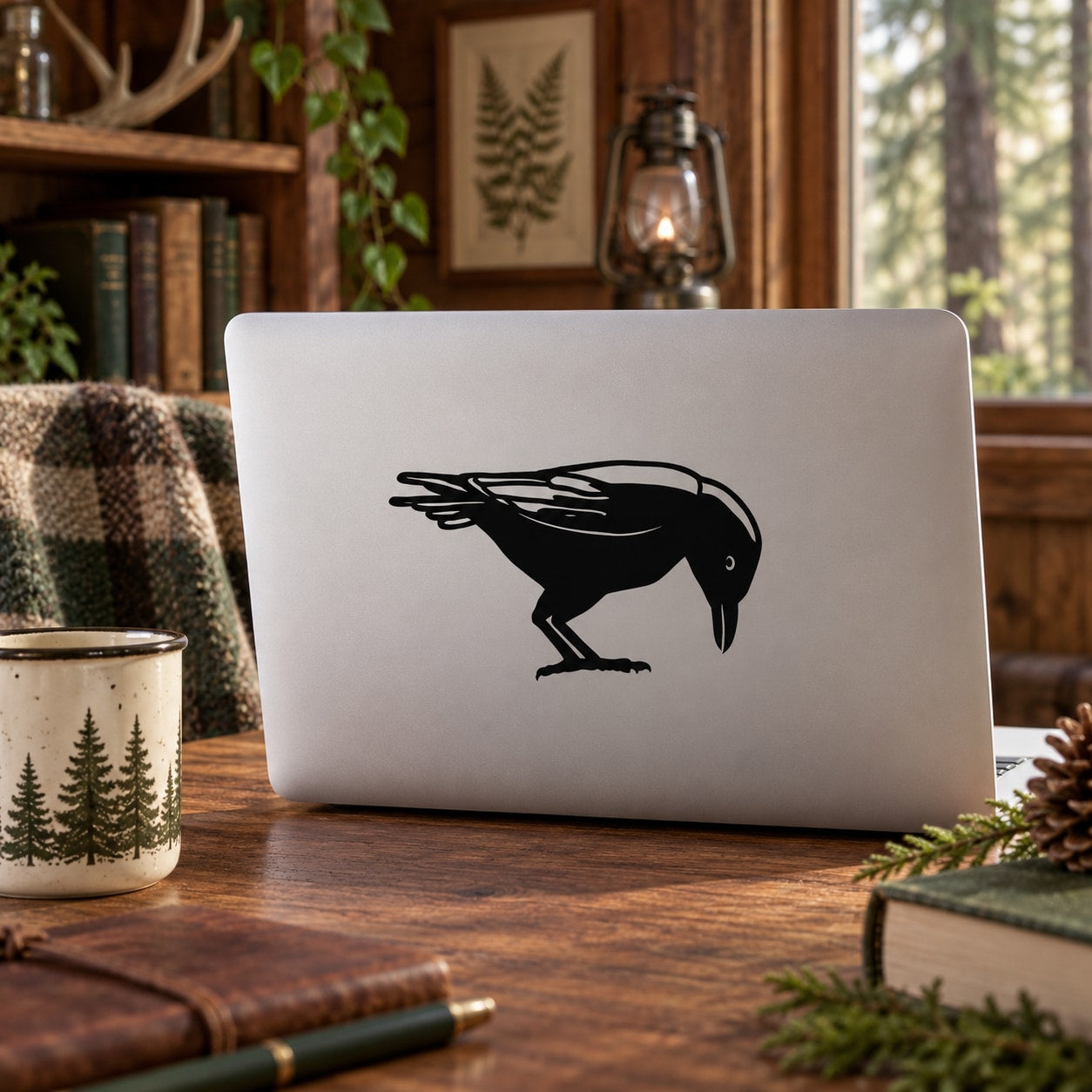 Pecking crow silhouette vinyl decal, black bird design on light background