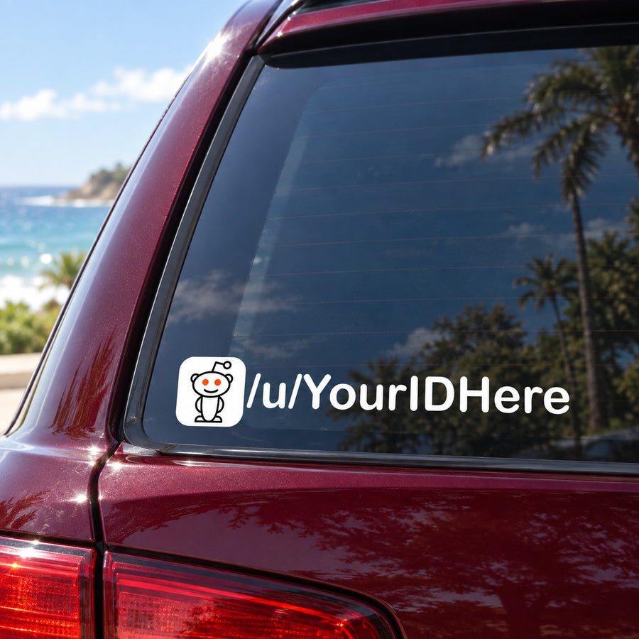 White Reddit-style decal with alien icon and /u/YourIDHere text on car window