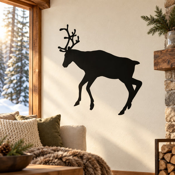 Black reindeer grazing wall decal with antlers, silhouette style