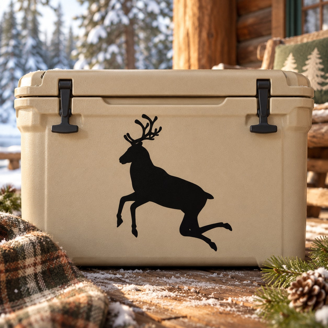 Black jumping reindeer decal silhouette on light tan panel