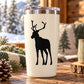 Standing reindeer silhouette decal on cream tumbler with silver rim
