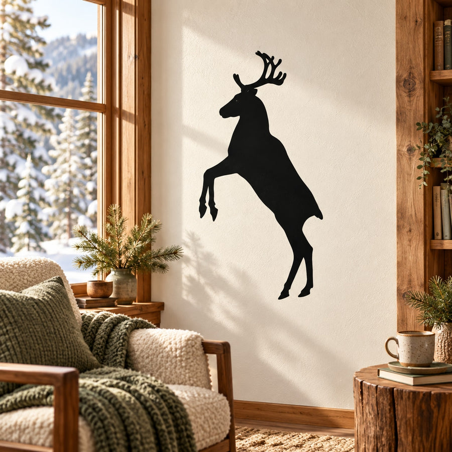 Black reindeer silhouette wall decal, standing on hind legs with antlers
