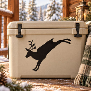 Jumping reindeer decal with black silhouette on beige outdoor cooler