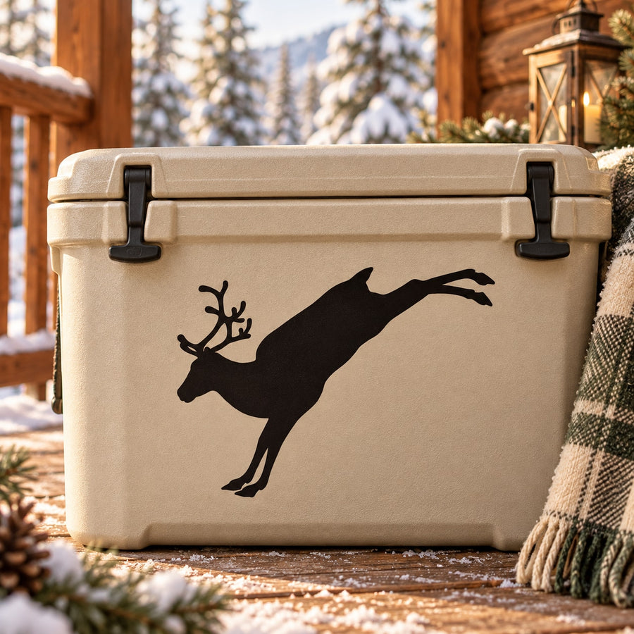 Jumping reindeer decal with black silhouette on beige outdoor cooler