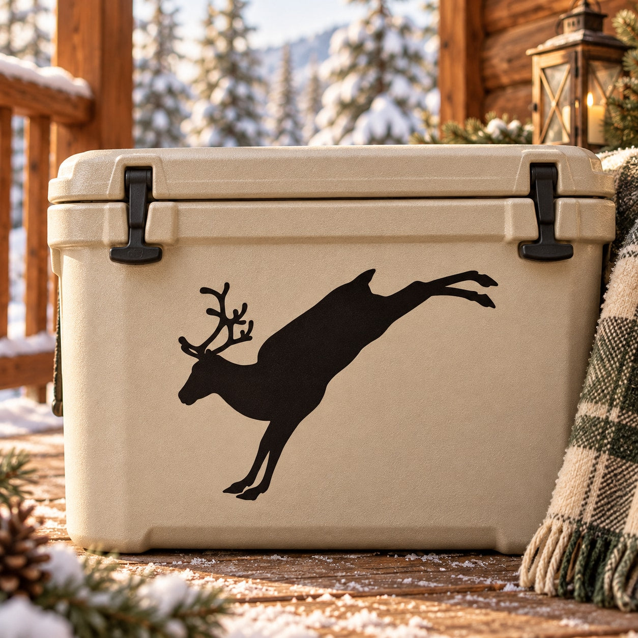 Jumping reindeer decal with black silhouette on beige outdoor cooler