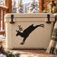 Jumping reindeer decal with black silhouette on beige outdoor cooler
