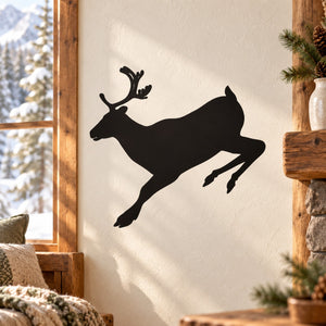Black reindeer landing silhouette wall decal, graceful jumping pose
