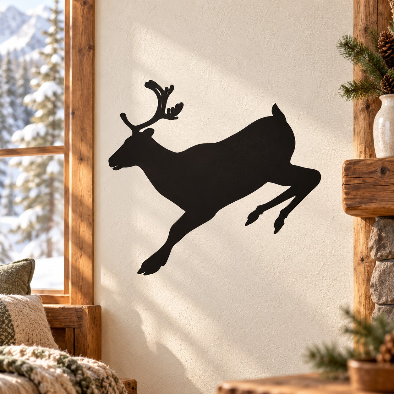 Black reindeer landing silhouette wall decal, graceful jumping pose