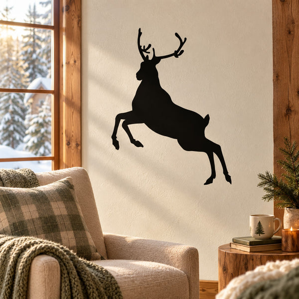 Reindeer galloping wall decal, black silhouette of a reindeer with antlers