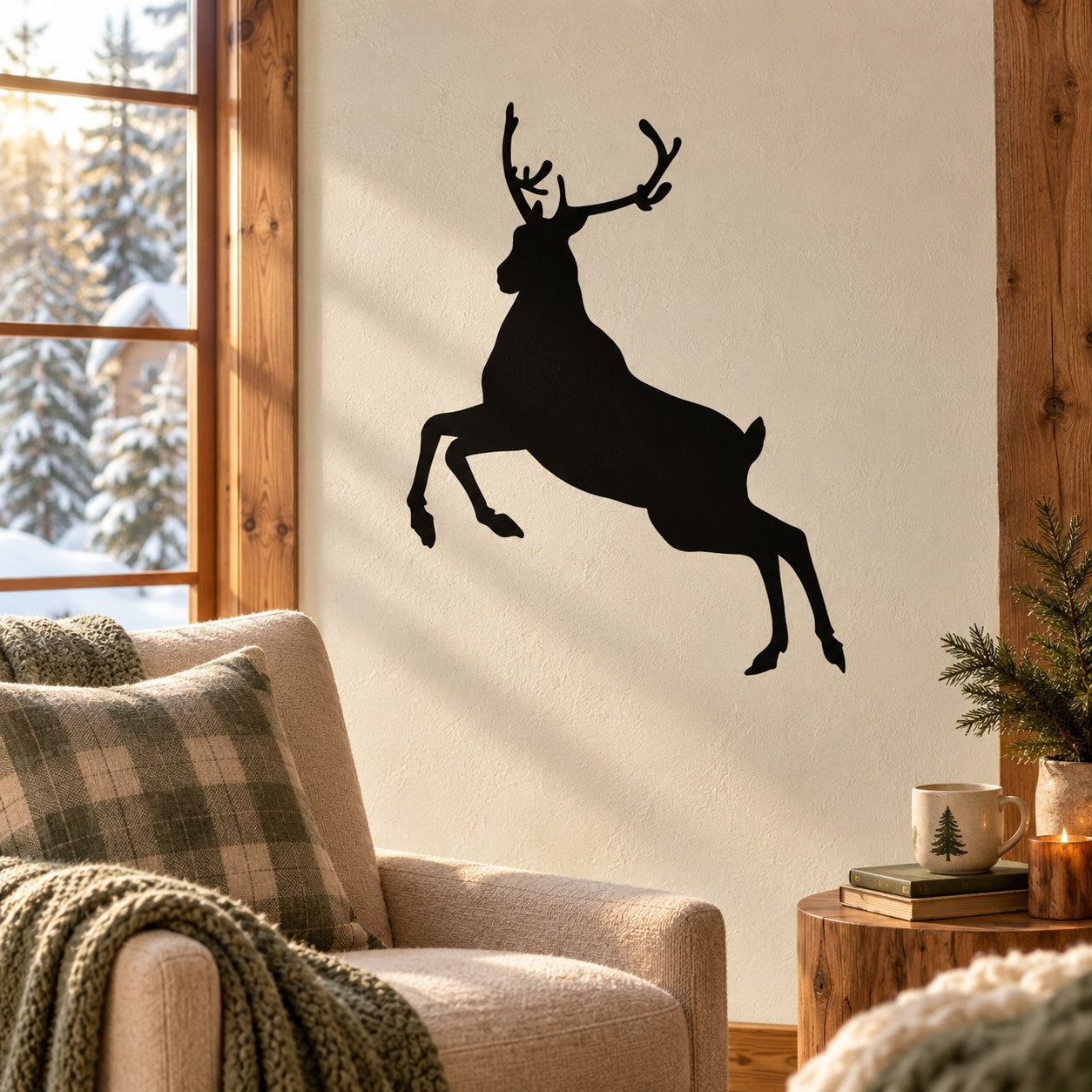 Reindeer galloping wall decal, black silhouette of a reindeer with antlers