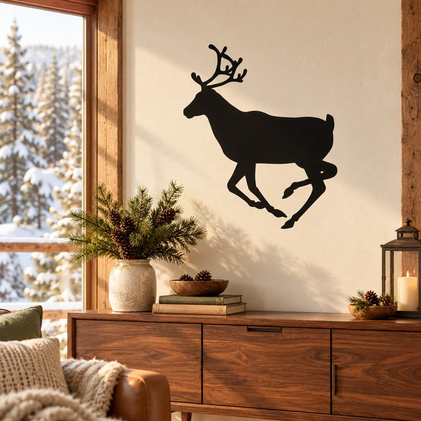 Running reindeer wall decal, black silhouette with antlers