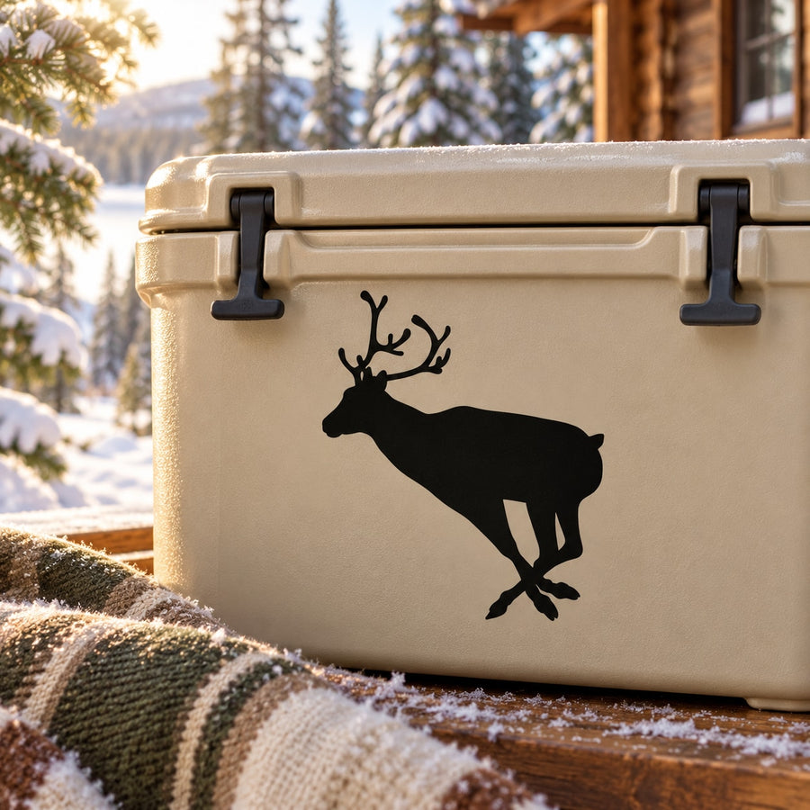 Black reindeer silhouette decal with antlers and red-nosed style design