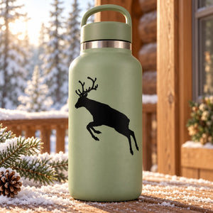 Green insulated bottle with black leaping reindeer decal