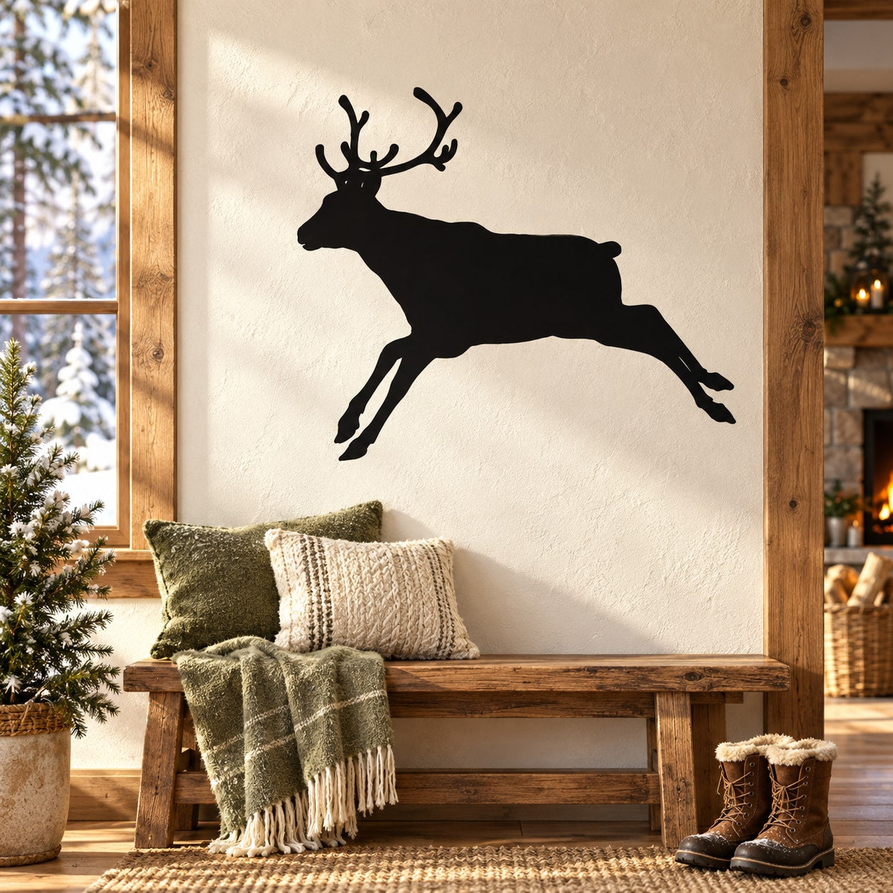 Black reindeer wall decal with antlers, silhouette reindeer with lifted legs