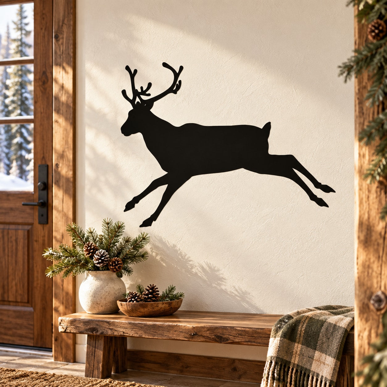 Jumping reindeer decal with black silhouette, antlers and legs mid-leap