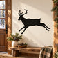 Jumping reindeer decal with black silhouette, antlers and legs mid-leap