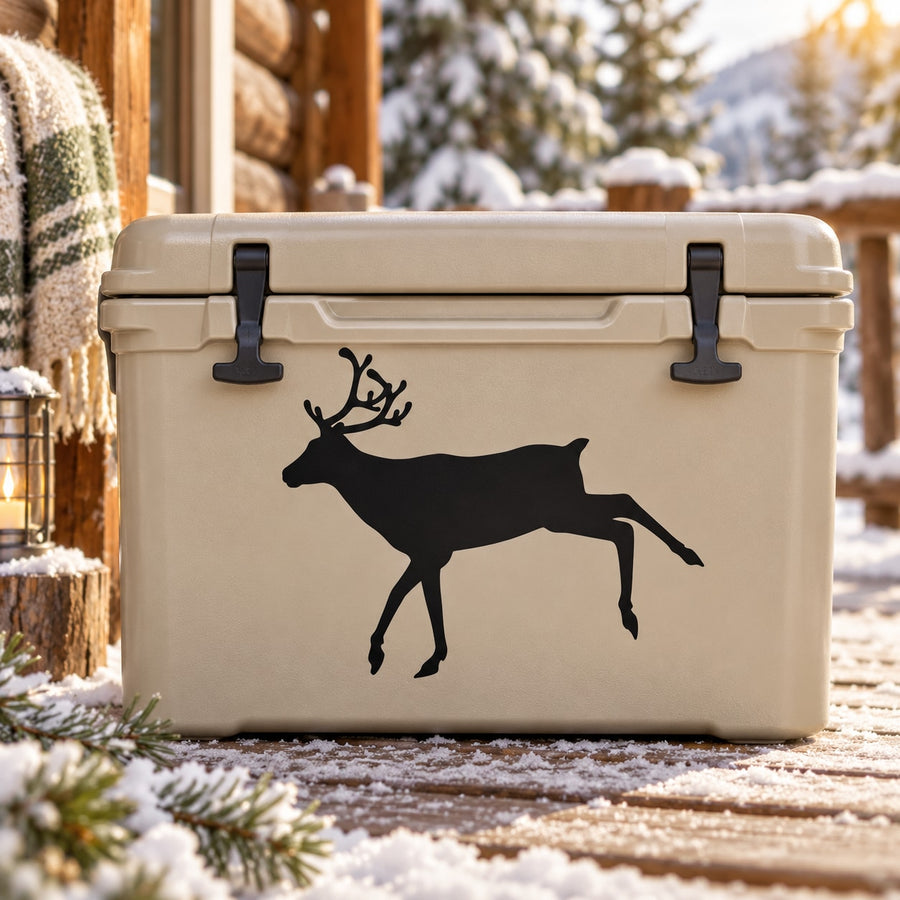 Reindeer decal with black reindeer silhouette on light surface
